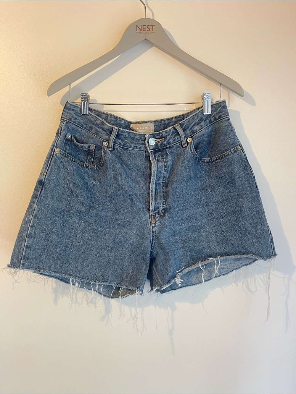 Everlane Curvy 90s Cheeky High Rise DIY Raw Hem Cutoff Denim Shorts Medium Wash